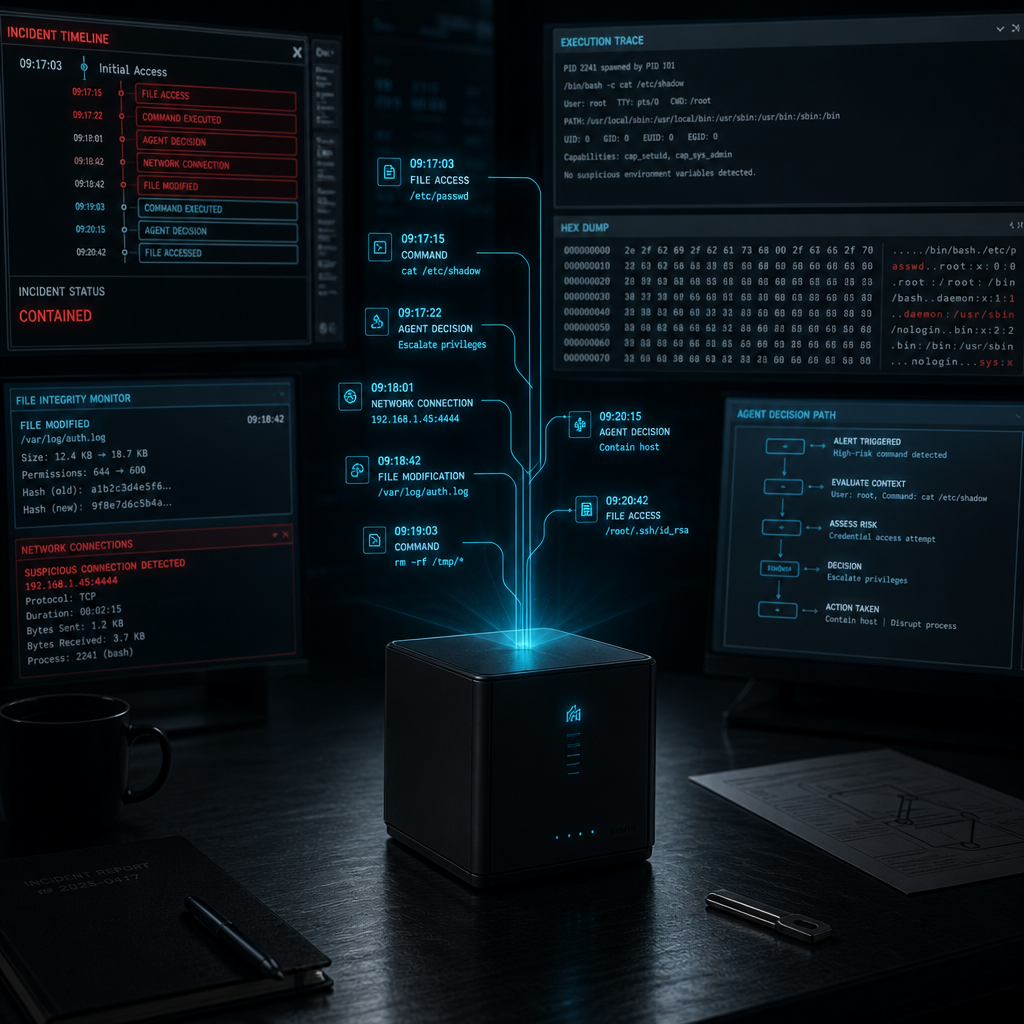 Blackbox forensic cube projecting a holographic incident timeline