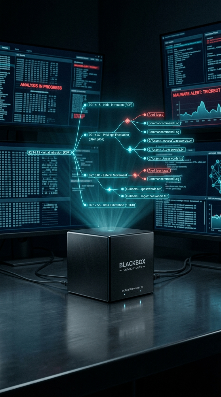 Blackbox Forensic Recorder showing a real incident chain: RDP intrusion, privilege escalation, lateral movement, data exfiltration, with timestamps