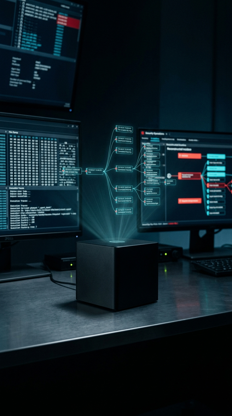 Blackbox cube projecting a holographic command history tree with hex dumps on surrounding monitors