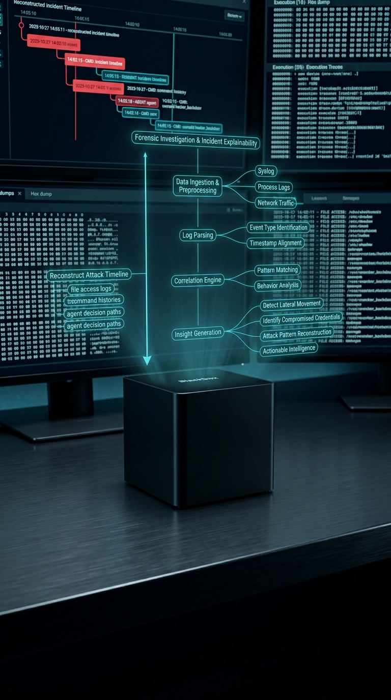 Blackbox forensic investigation pipeline: data ingestion, log parsing, correlation engine, insight generation, with branches to syslog, process logs, pattern matching, behaviour analysis and attack pattern reconstruction