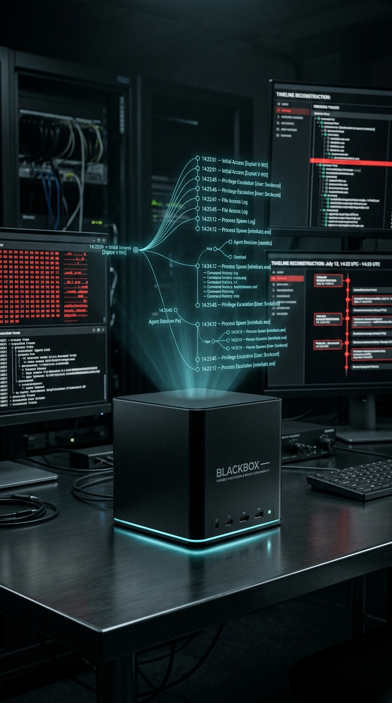 Blackbox timeline reconstruction showing initial access, file access, process spawn and privilege escalation stages with timestamps