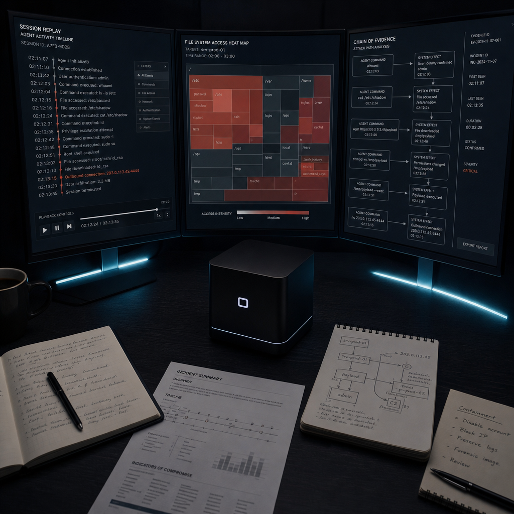 Forensic workstation analysing attack evidence across multiple monitors