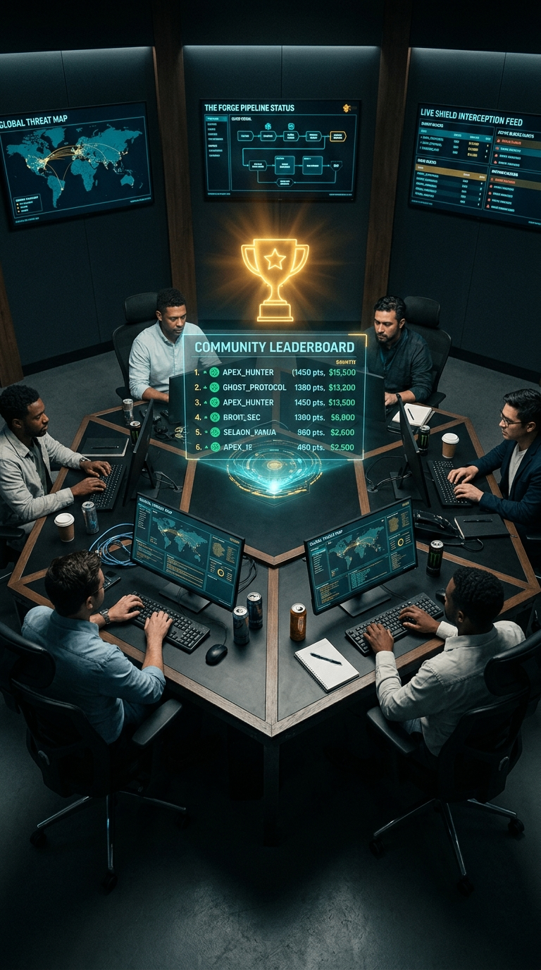 The Thuban War Room Table — Community Leaderboard with APEX_HUNTER and GHOST_PROTOCOL on the holographic projection