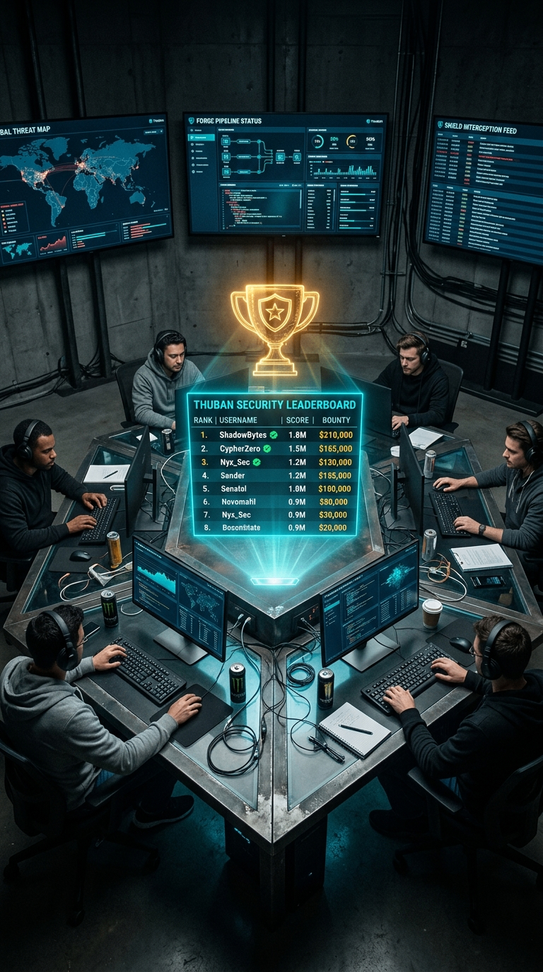 The Thuban War Room Table — security researchers around a hexagonal command desk beneath the Thuban Security Leaderboard