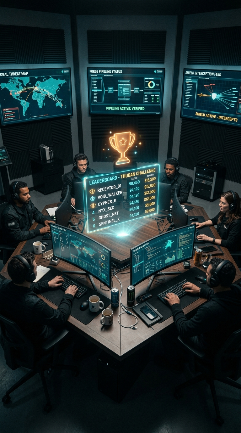 Team with headsets running the Thuban Challenge — LEADERBOARD showing RECEPTOR_01 and VOID_WALKER
