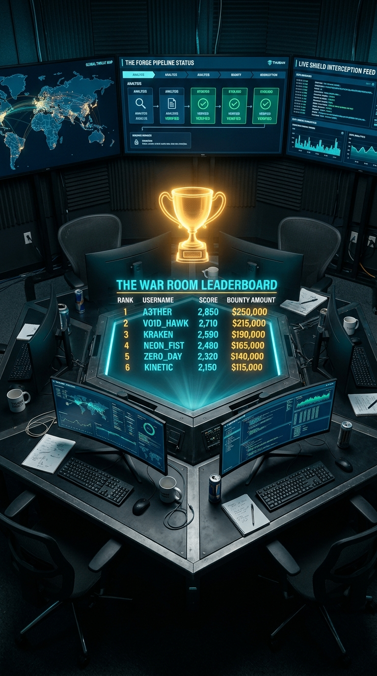 The War Room Table — Thuban's holographic command-centre leaderboard projection with A3THER, V01D_HAWK and KRAKEN ranked at the top