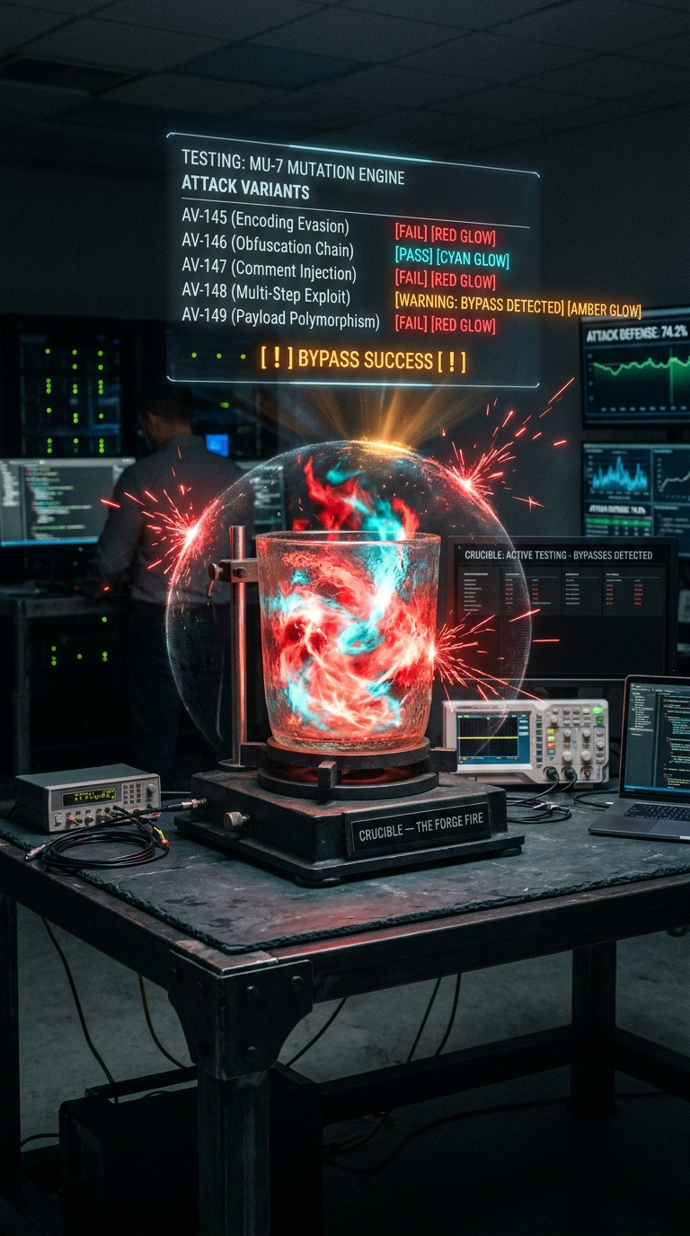 Mutation engine testing attack variants AV-145 through AV-149 — encoding evasion, obfuscation chain, comment injection, multi-step exploit — with an amber BYPASS SUCCESS warning glowing above the containment sphere