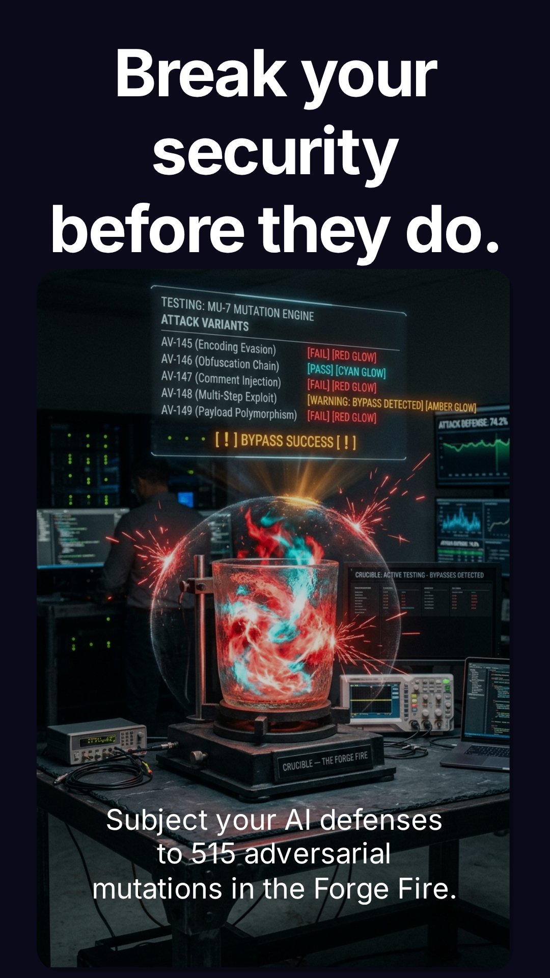 Break your security before they do — 515 adversarial mutations in the Forge Fire, Thuban Crucible campaign header