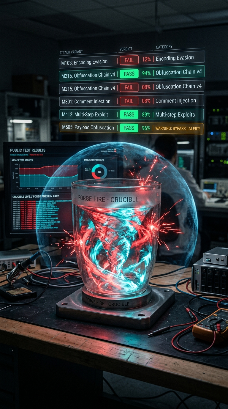 The Forge Fire — a containment sphere on a lab workbench holding swirling red and cyan attack energy, with a holographic HUD showing attack variant verdicts: Encoding Evasion FAIL, Obfuscation Chain PASS, Comment Injection FAIL, Multi-Step Exploit PASS, WAF Bypass with a bypass-success warning