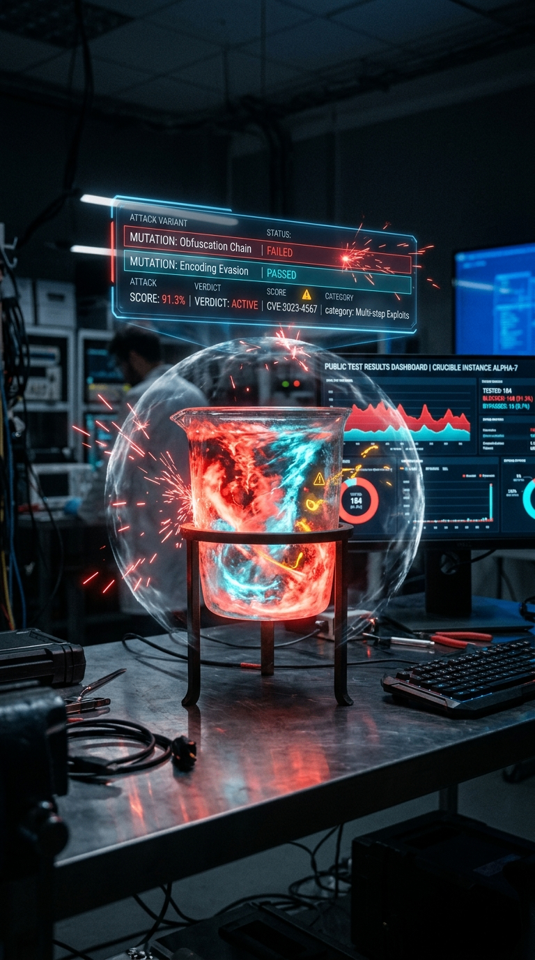 Mutation testing containment sphere on a lab bench, holographic panel showing MUTATION: Obfuscation Chain FAILED, MUTATION: Encoding Evasion PASSED, attack score 91.3%, CVE cross-reference, and a Public Test Results Dashboard for Crucible Instance Alpha-7