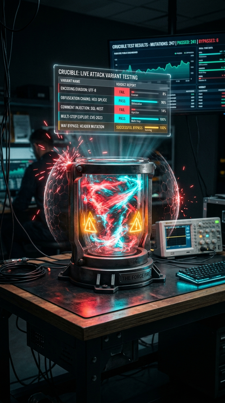 Crucible live attack variant testing — verdict report showing Encoding Evasion FAIL, Obfuscation Chains PASS, Comment Injection FAIL, Multi-Step Exploit PASS, and WAF Bypass with a successful bypass warning, on The Forge Fire containment vessel