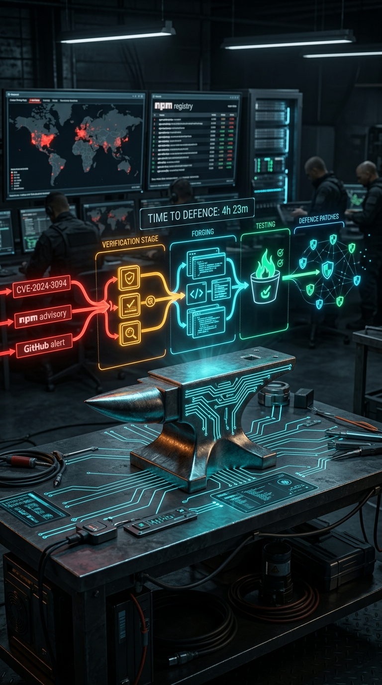 The Autonomous Anvil dashboard: CVE, npm and GitHub threat feeds flowing in on the left, pipeline stages of verification, forging, testing and defence deployment on the right, with a Time to Defence 4h 23m countdown