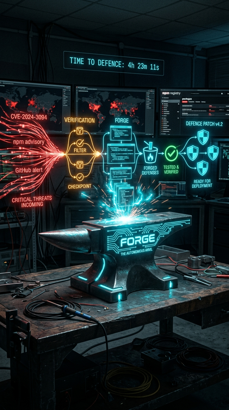 The Autonomous Anvil — a glowing forge anvil etched with circuit traces and FORGE branding, throwing sparks as defences are hammered out