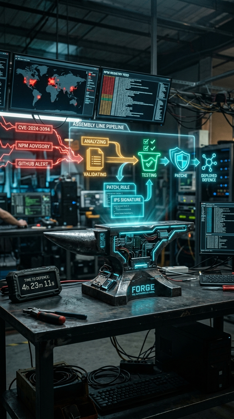 Autonomous Anvil assembly line rendering candidate defences stage by stage inside an isolated research laboratory
