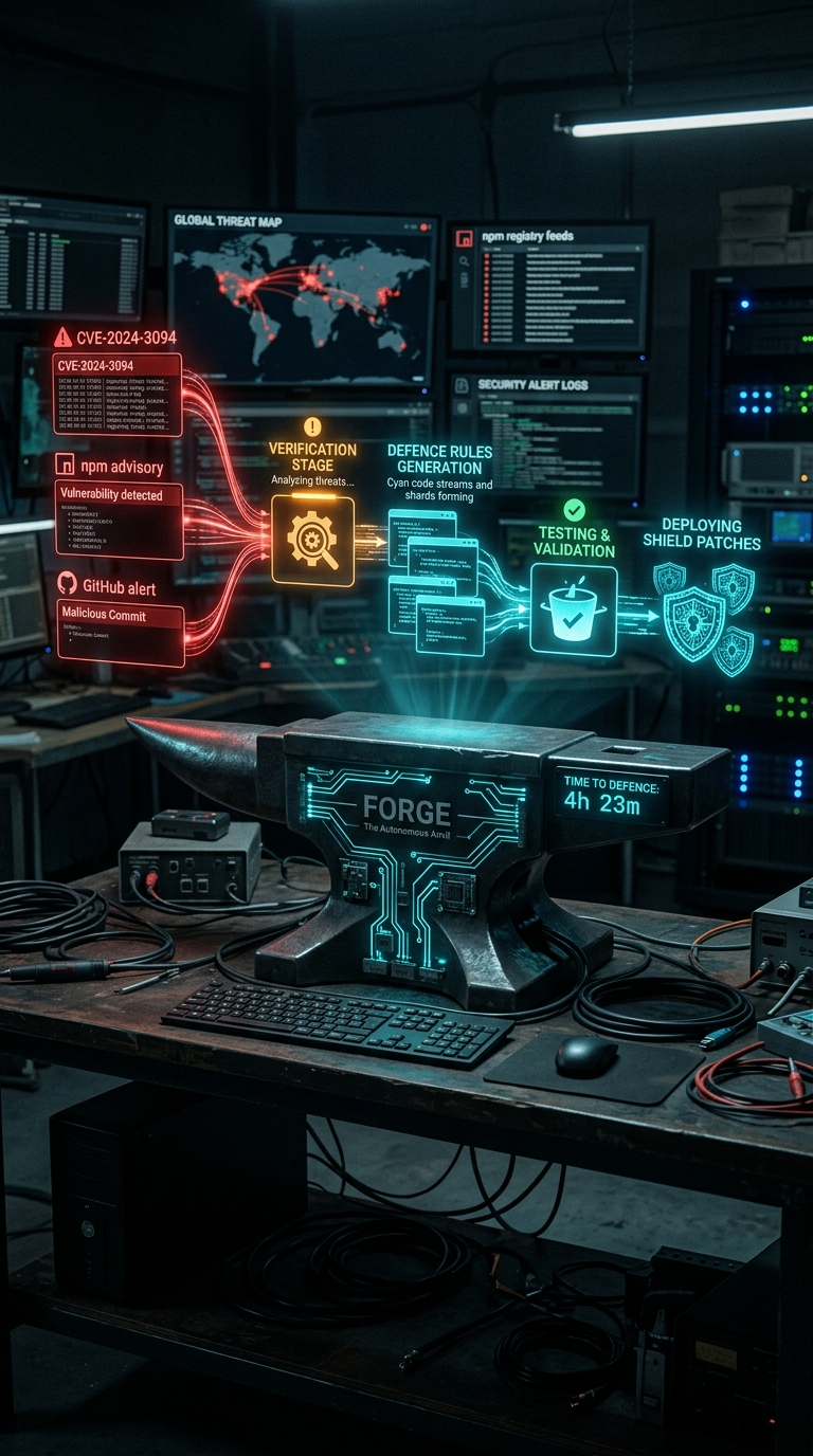 Global threat map monitors behind the Autonomous Anvil, tracking incidents feeding the Time to Defence countdown