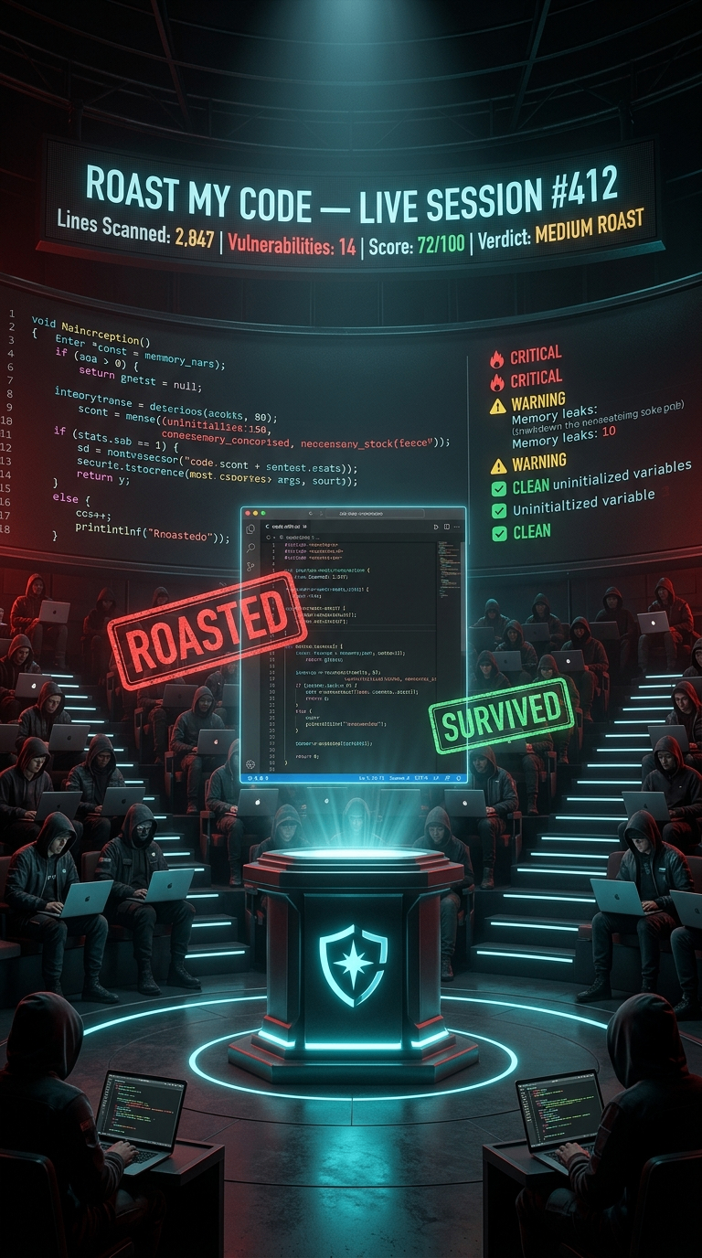 Close view of The Roast Pit arena — a floating holographic code editor over the Thuban Shield podium, CRITICAL and WARNING line-numbered code findings on screens either side, ROASTED and SURVIVED verdict stamps, hooded researchers seated on the tiered steps behind