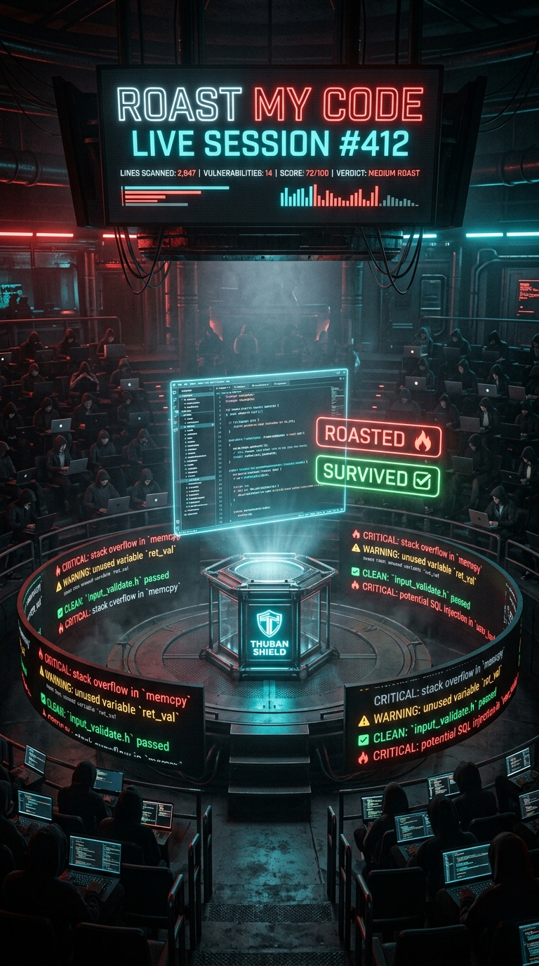 The Roast Pit arena screens scrolling live CRITICAL, WARNING and CLEAN code findings — stack overflow, unused variable, and SQL injection warnings — ringing the Thuban Shield podium as hooded researchers watch from tiered seating