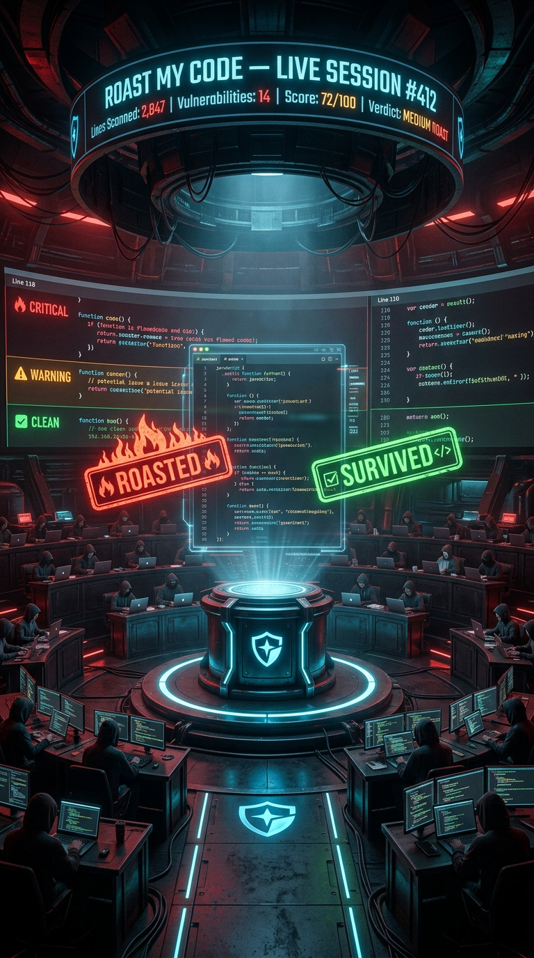 The glowing Thuban Shield podium at the center of The Roast Pit arena, holographic code editor floating above it flanked by ROASTED and SURVIVED verdict stamps, hooded researchers seated in tiered rows on laptops around the ring