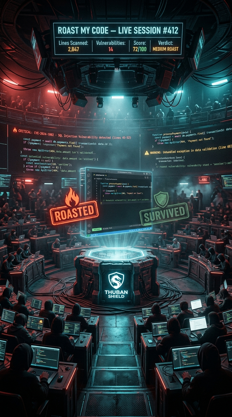 The Roast Pit — Roast My Code Live Session #412 arena, hooded security researchers in tiered seating judging code around a glowing Thuban Shield podium, with ROASTED and SURVIVED verdict stamps and live stats: 2,847 lines scanned, 14 vulnerabilities, score 72/100, Medium Roast verdict