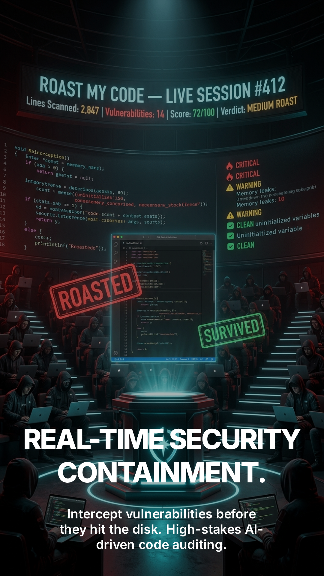 REAL-TIME SECURITY CONTAINMENT. — intercept vulnerabilities before they hit the disk, high-stakes AI-driven code auditing, Thuban Roast My Code campaign header