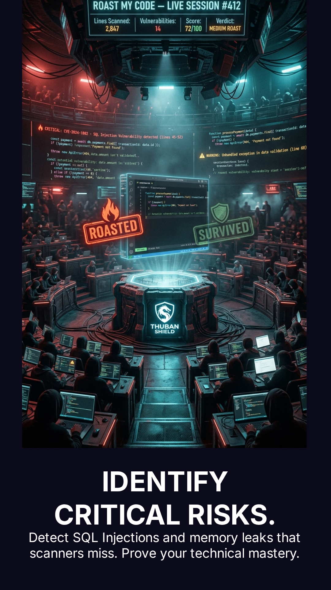 IDENTIFY CRITICAL RISKS. — detect SQL Injections and memory leaks that scanners miss, prove your mastery, Thuban Roast My Code campaign header