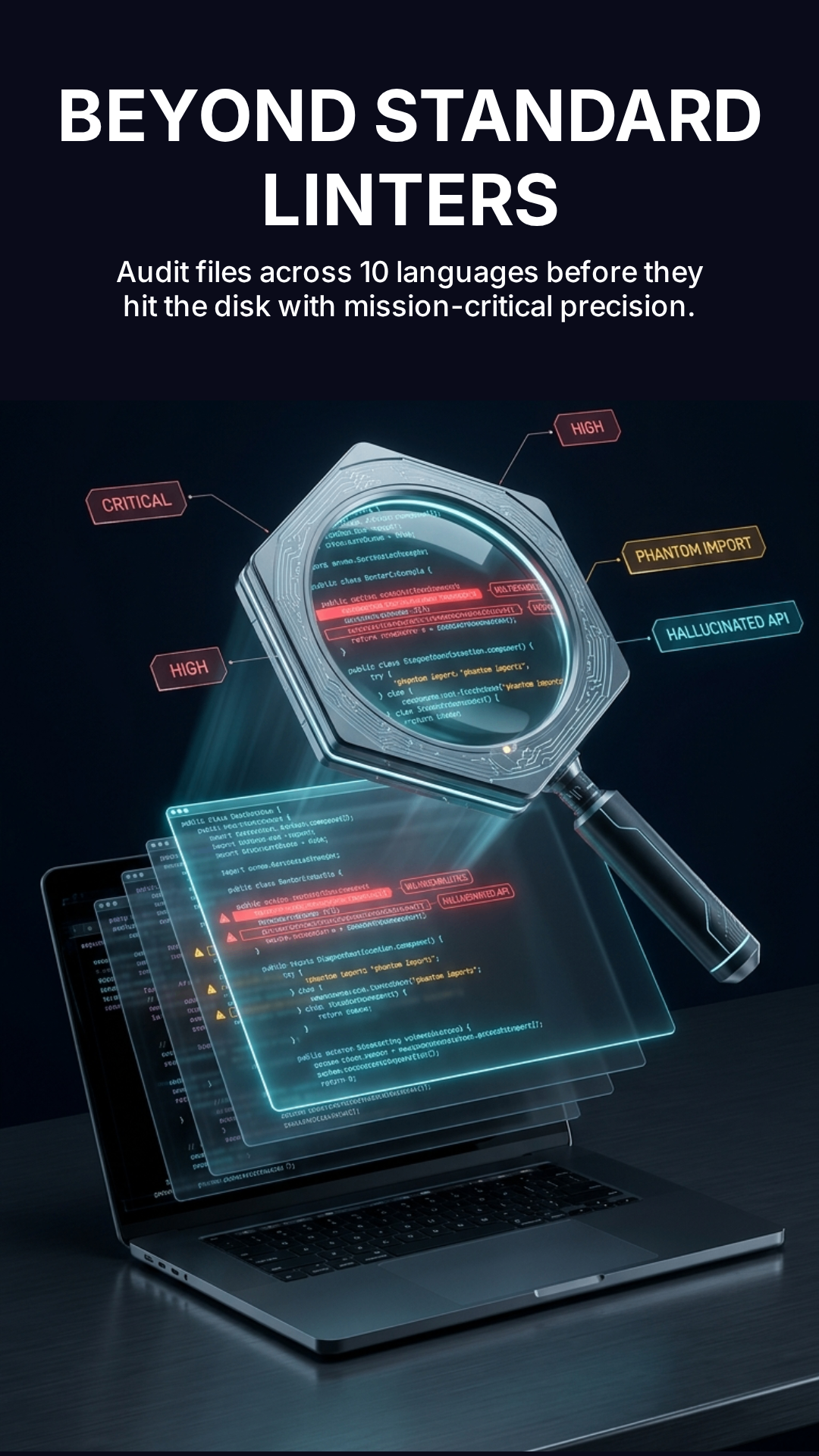 Beyond standard linters — audit files across 10 languages before they hit the disk with mission-critical precision