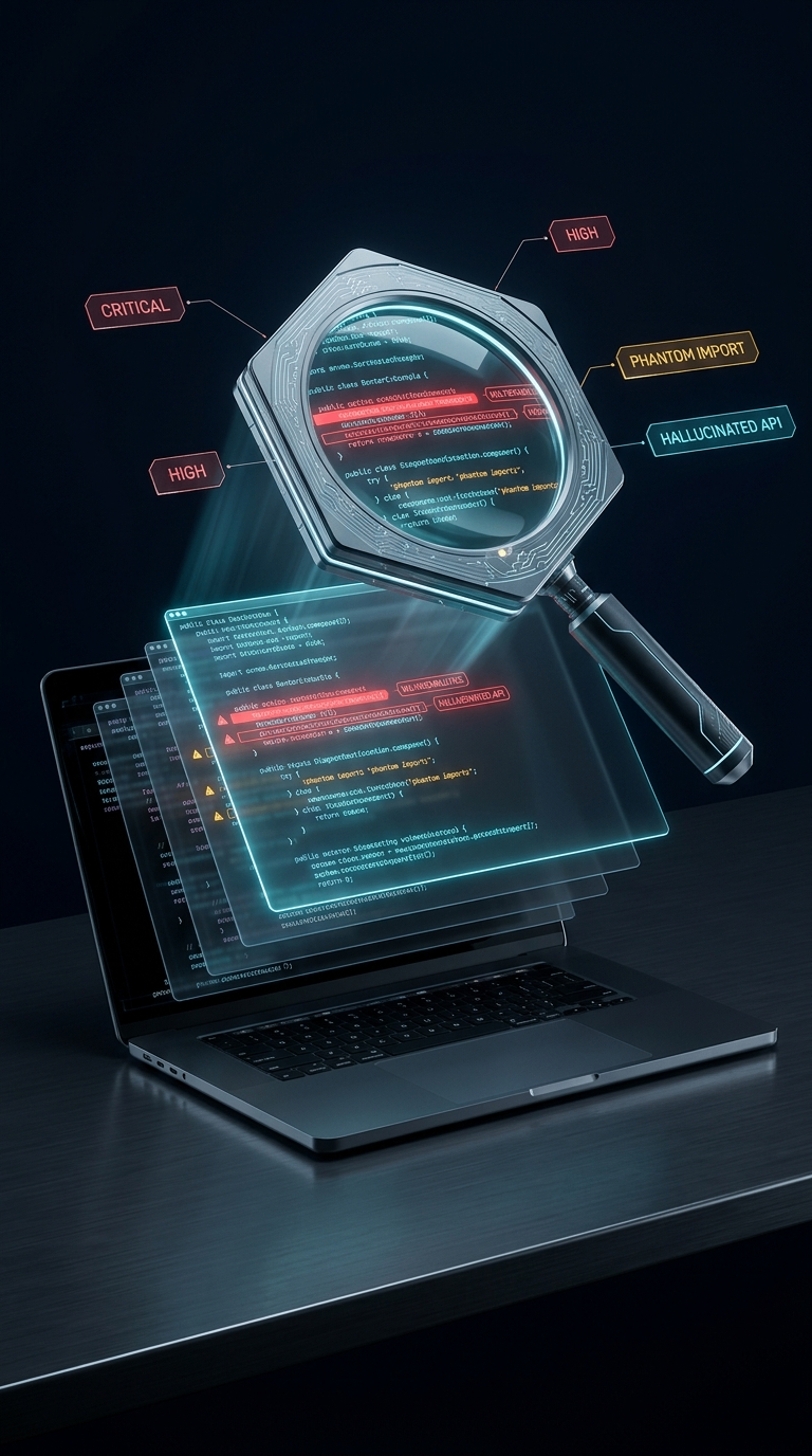 Diagnostic eye X-raying layers of code with CRITICAL, HIGH, PHANTOM IMPORT and HALLUCINATED API severity markers floating off the stack