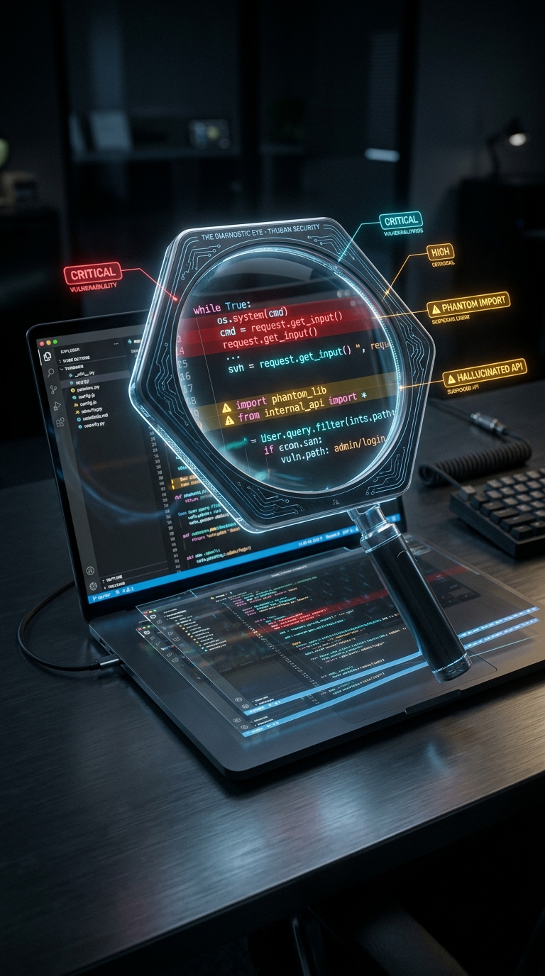 Holographic diagnostic eye scanning code on a laptop, flagging CRITICAL, HIGH, PHANTOM IMPORT and HALLUCINATED API severity tags