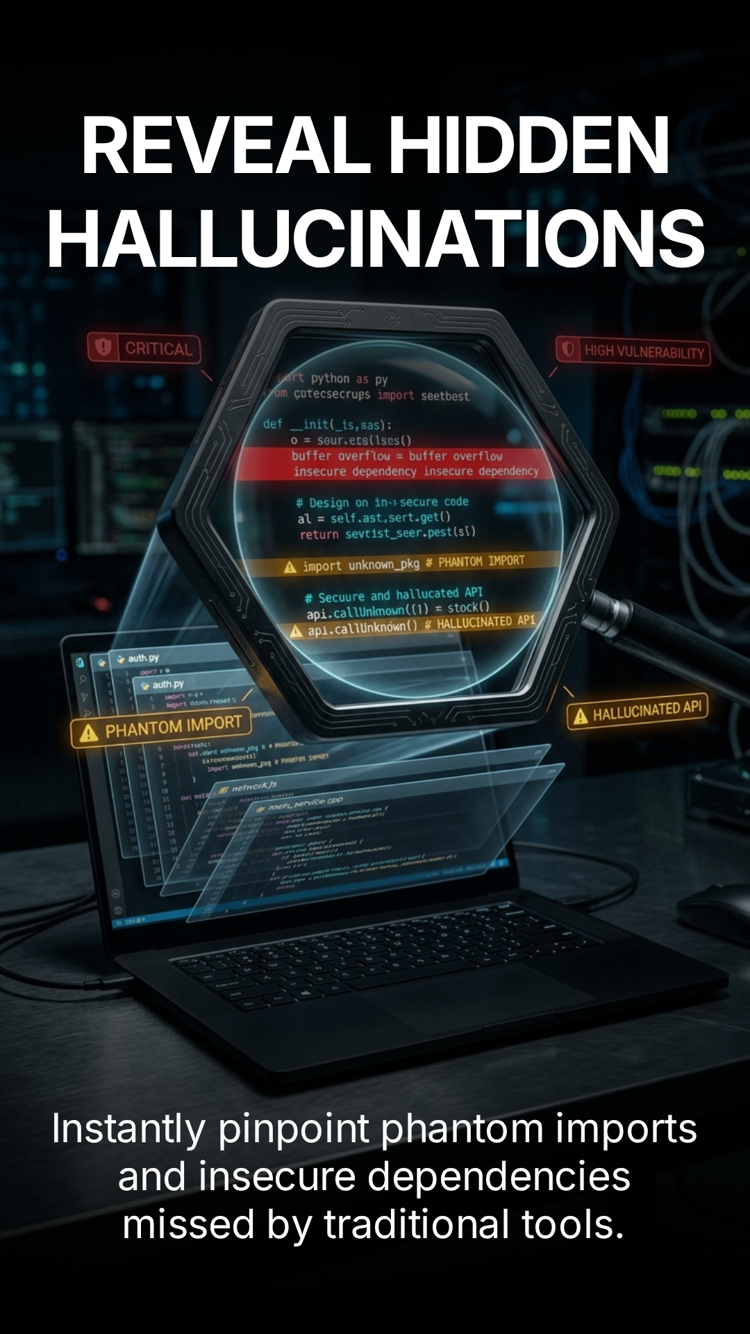Reveal hidden hallucinations — instantly pinpoint phantom imports and insecure dependencies missed by traditional tools