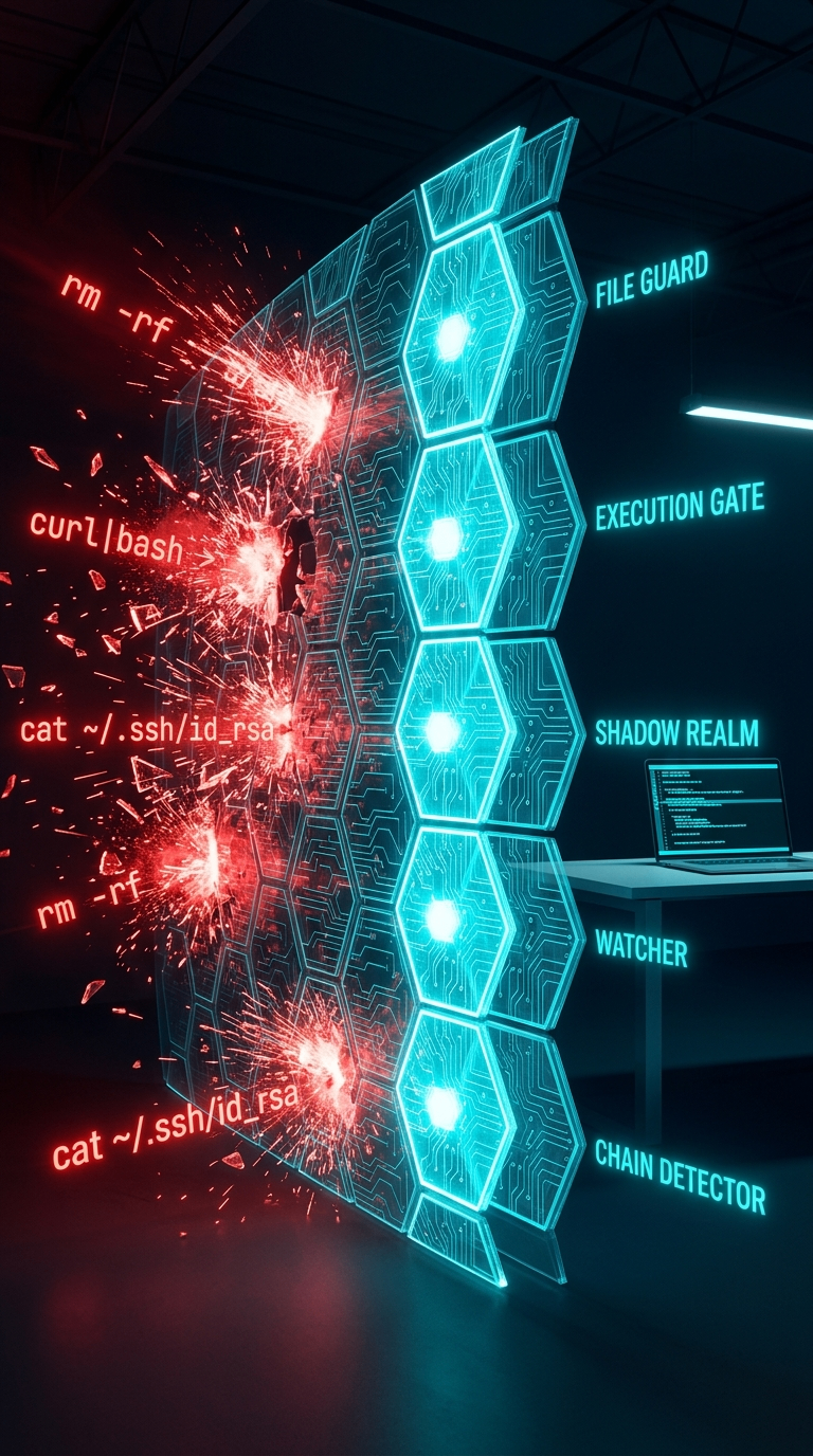 The Barrier — hexagonal shield wall of cyan circuit-traced tiles cracking under repeated rm -rf and curl|bash attacks, protecting a laptop on a desk behind it