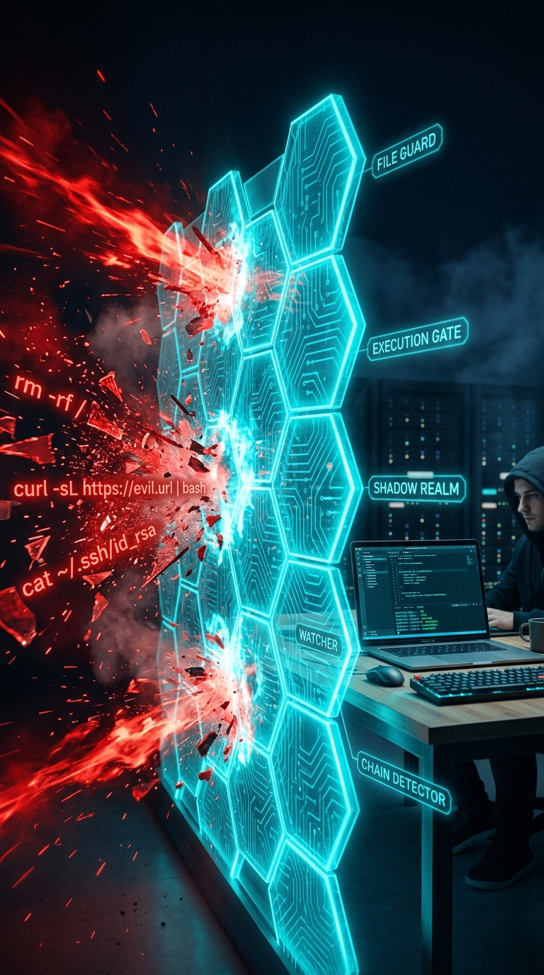 The Barrier — a hexagonal shield wall of cyan circuit-traced tiles absorbing red energy attacks (rm -rf, curl|bash, cat ~/.ssh/id_rsa, kill -9, wget malware, nmap) while a developer works safely at their laptop behind it, protected by File Guard, Execution Gate, Shadow Realm, Watcher and Chain Detector