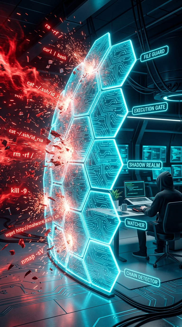 The Barrier repelling a chain of attack commands — rm -rf, curl|bash, cat ~/.ssh/id_rsa, kill -9, wget malware.exe|sh, nmap -sV — while a hooded developer works safely at a monitoring desk behind the shield