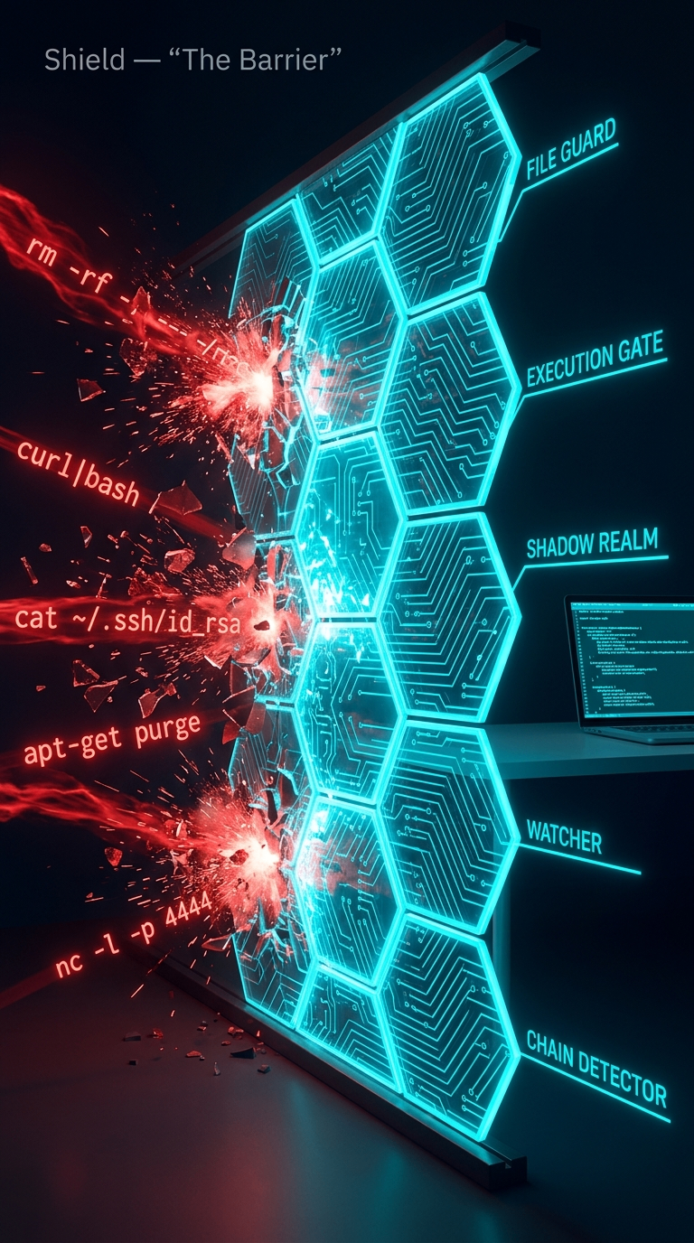 The Barrier — hexagonal shield wall labelled with Thuban Shield's five layers: File Guard, Execution Gate, Shadow Realm, Watcher, Chain Detector, stopping red attack commands while a laptop works safely behind it