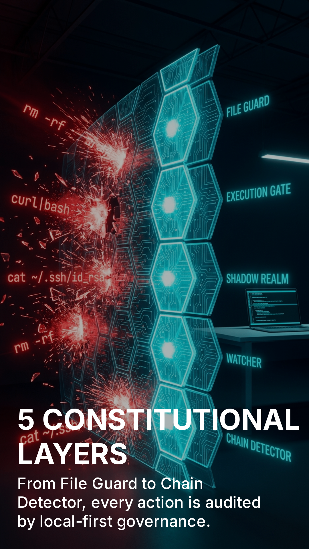 5 CONSTITUTIONAL LAYERS — File Guard to Chain Detector, local-first governance, Thuban Shield campaign header