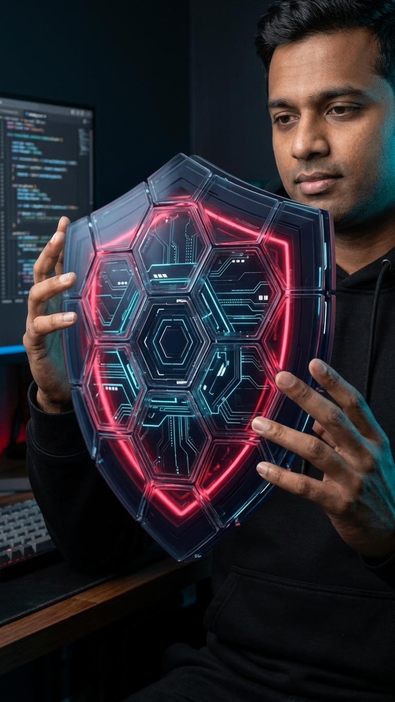 Craig, founder of Thuban, holding a Thuban Shield