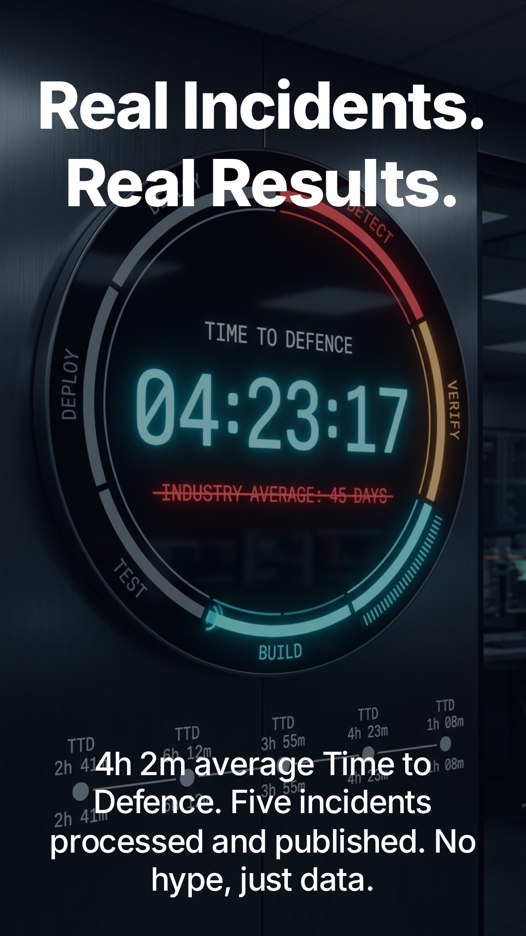 Real incidents. Real results. — 4h 2m average Time to Defence across five incidents processed, no hype just data, Thuban TTD campaign header