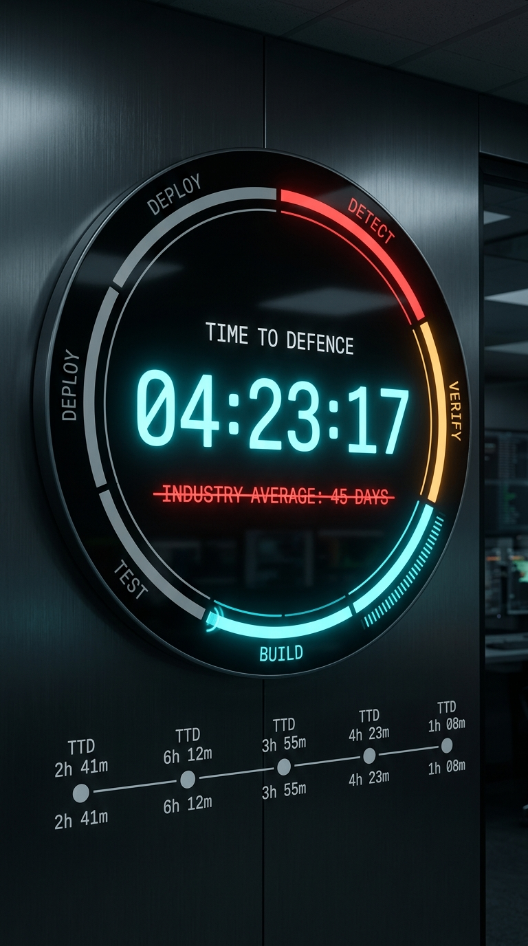 The Countdown in a minimalist office environment — the same Time to Defence clock with DEPLOY, DETECT, VERIFY, BUILD and TEST ring segments and a TTD history timeline at the bottom