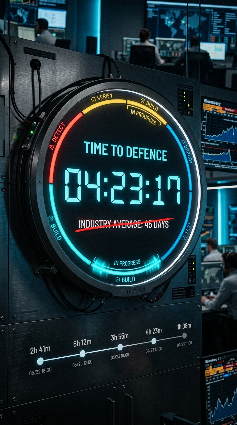 The Countdown — a Thuban SOC command centre with a large round clock reading TIME TO DEFENCE 04:23:17, ring segments for DETECT, VERIFY, BUILD, TEST and DEPLOY, the industry average of 45 days struck through in red, and a TTD history timeline of past incidents on Bloomberg-style monitors behind it